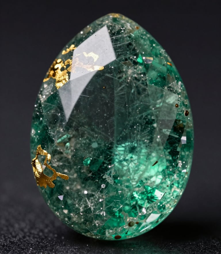 Macro photography of an emerald gemstone showing deep natural internal inclusions and crystalline structure, dark background, sharp gold directional lighting.