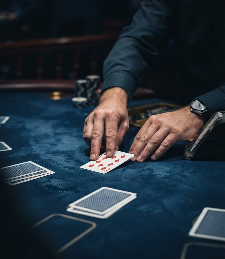 Sharp editorial photography of professional hands dealing cards with absolute precision on a deep midnight blue felt table, dramatic low-key spotlight, crisp focus, 50mm.