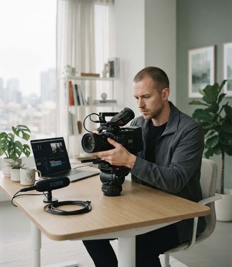 A professional male creator adjusting high-end camera gear in a bright, minimal modern office with soft natural daylight, desaturated tones with subtle green accents.