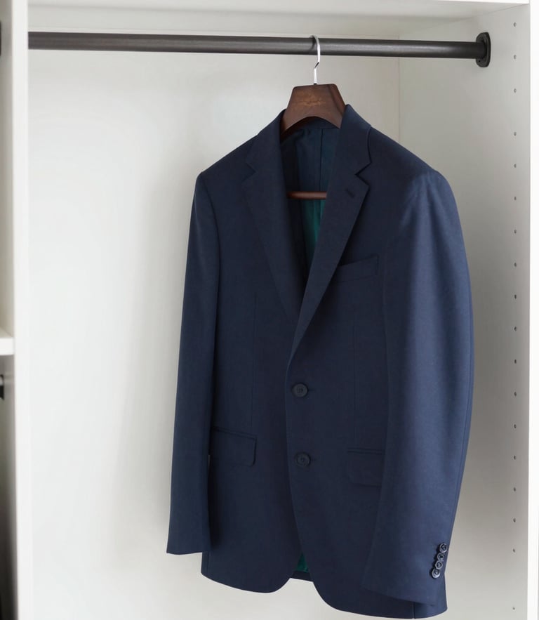 A pristine, perfectly pressed bespoke navy suit hanging on a custom dark wooden hanger inside a minimalist white wardrobe, bright natural daylight, 35mm editorial photography.