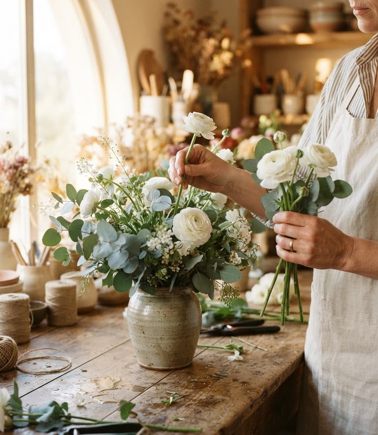 Hands of an artisan arranging delicate eucalyptus and white ranunculus stems in a sunlit Al Faseel studio, soft morning light, warm tones