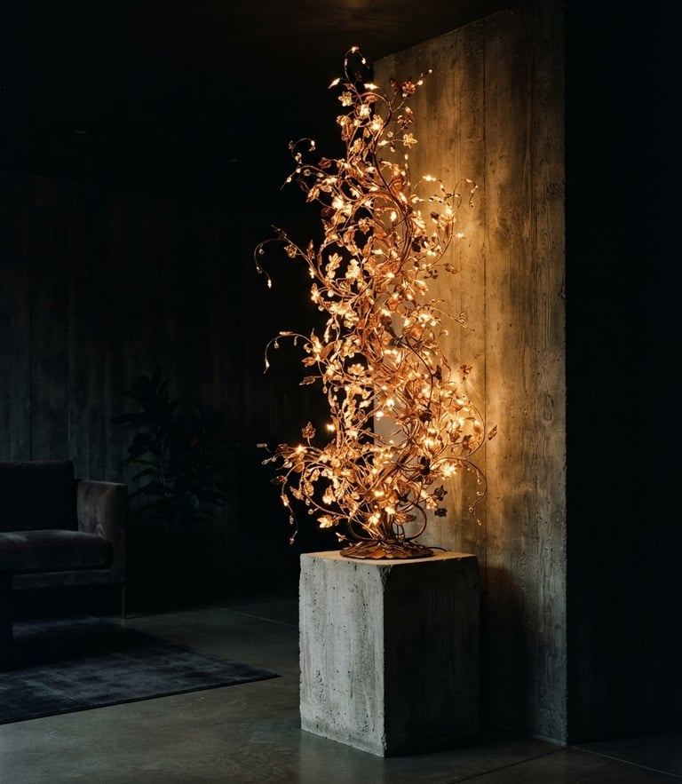 Moody editorial photography, low-key ambient lighting, a tall illuminated ivy sculpture glowing warmly in a dim, high-end minimalist concrete living room, soft shadows, 35mm film.