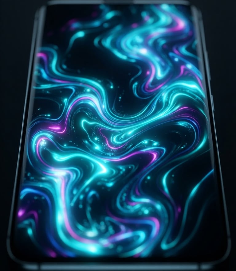 Macro close-up of a sleek Android device screen showing vibrant neon cyber-teal fluid UI animations, high-contrast dark studio lighting