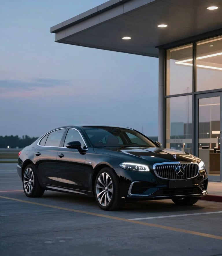 Gleaming black executive sedan parked outside a private airport terminal during the early morning blue hour, soft reflections on the immaculate paint, cinematic 35mm lens.