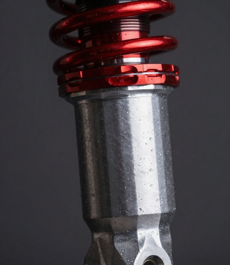 Extreme close-up of a machined billet aluminum suspension component with sharp red anodized accents, high-contrast studio lighting, deep shadows