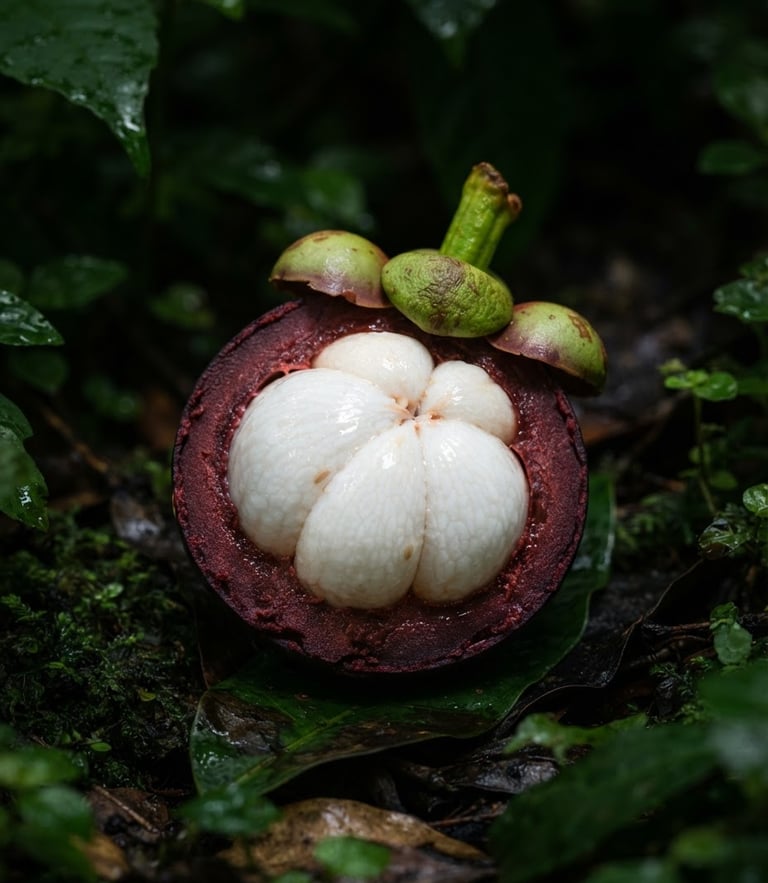 Crisp editorial photography of a pristine mangosteen sliced open to reveal its white segments, set against a dark jungle-green background, bright natural daylight, high-contrast shadows, macro detail