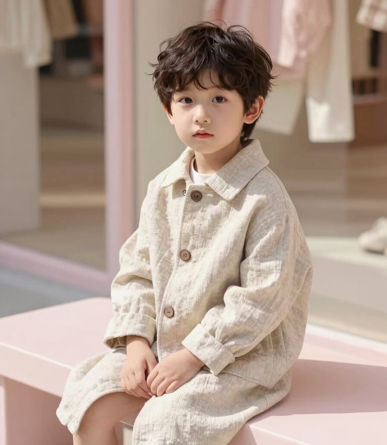 Candid portrait of a child in a tailored linen coat sitting on a minimalist bench inside a sun-drenched boutique, warm editorial photography, soft natural daylight.