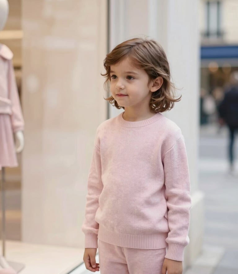 A candid, warm editorial photo of a child in elegant pastel knitwear standing near a soft-focus Parisian boutique window, soft natural daylight.