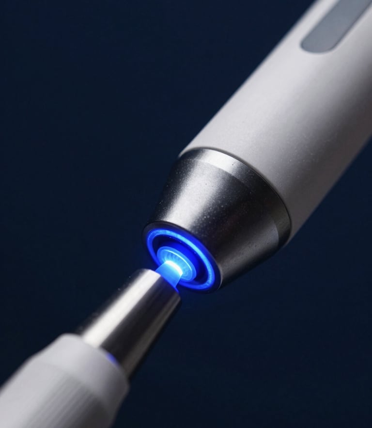 Macro close-up of a sleek intraoral scanner tip glowing with sharp blue light, dark navy background, clinical-grade dental technology, high-contrast digital interface, 50mm lens