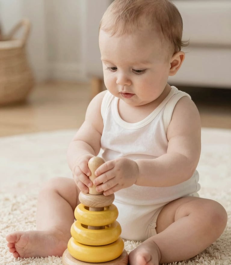 Eye-level portrait of a baby sitting on a soft cream rug, holding a soft yellow wooden ring stacker, diffused morning daylight, shallow depth of field, warm pastel tones.