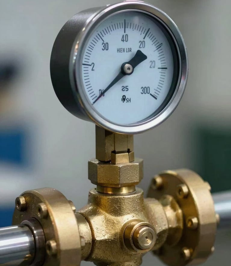 Close-up of industrial pressure gauge on a heavy-duty brass valve, cool-toned utility lighting, sharp technical details