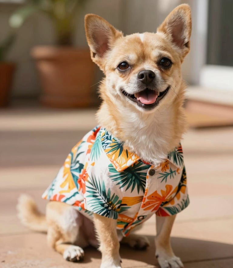 A small joyful dog wearing a colorful handmade tropical shirt, sitting comfortably on a sunny patio, warm natural daylight, shallow depth of field, eye-level pet portrait, 35mm