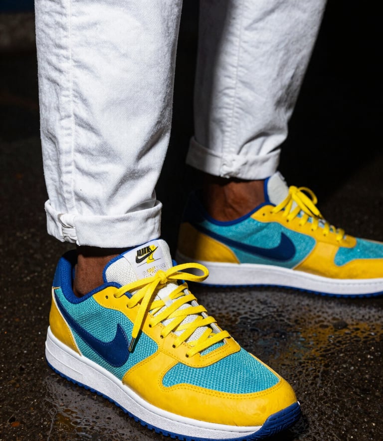 Dynamic low-angle shot of fresh sneakers on wet Nairobi pavement, high-contrast flash lighting, vibrant urban streetwear aesthetic