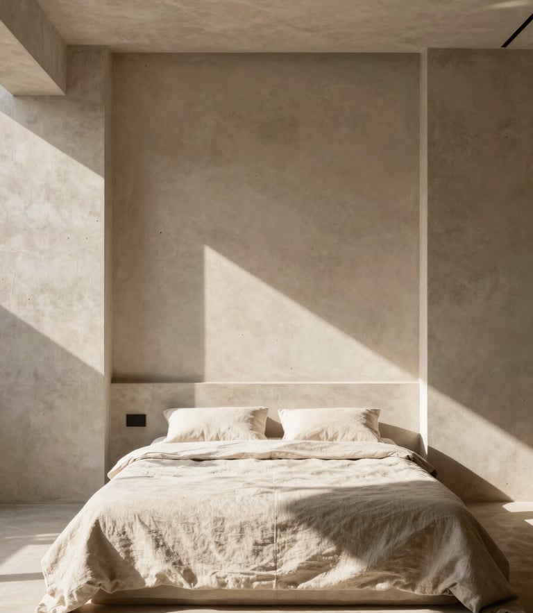 Straight-on architectural shot of a minimalist suite interior, warm sun-drenched concrete walls, sharp geometric shadows, natural linen textures on a low bed, bright Mediterranean sunlight.