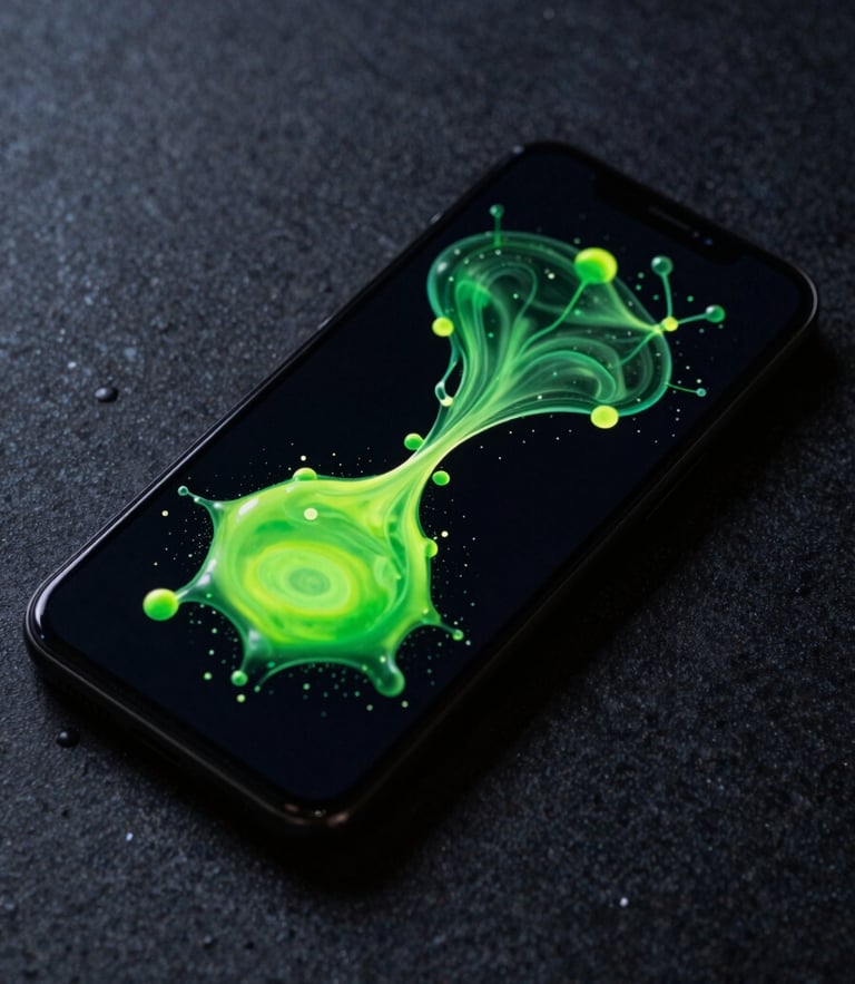 An angled close-up view of a dark-mode Android phone displaying a fluid dynamics simulation with luminous phosphor green droplets merging on screen. The phone rests on a dark, textured obsidian surface. Moody, low-key lighting.