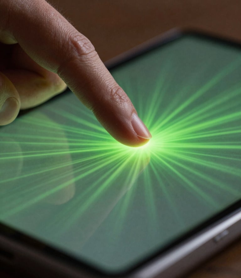 Macro photography of a finger touching a sleek screen, showing a ripple of phosphor green light radiating from the contact point with shallow depth of field.