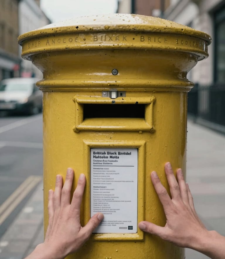 First-person perspective of hands pushing a heavy yellow flyer through a classic British black metal letterbox, overcast natural daylight, desaturated urban tones, 35mm lens