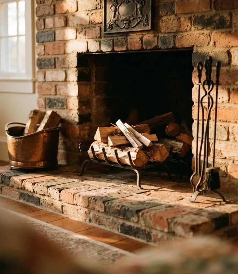 Warm editorial photography of a beautifully swept brick fireplace hearth, soft golden-hour light casting long shadows, rich terracotta tones, shallow depth of field