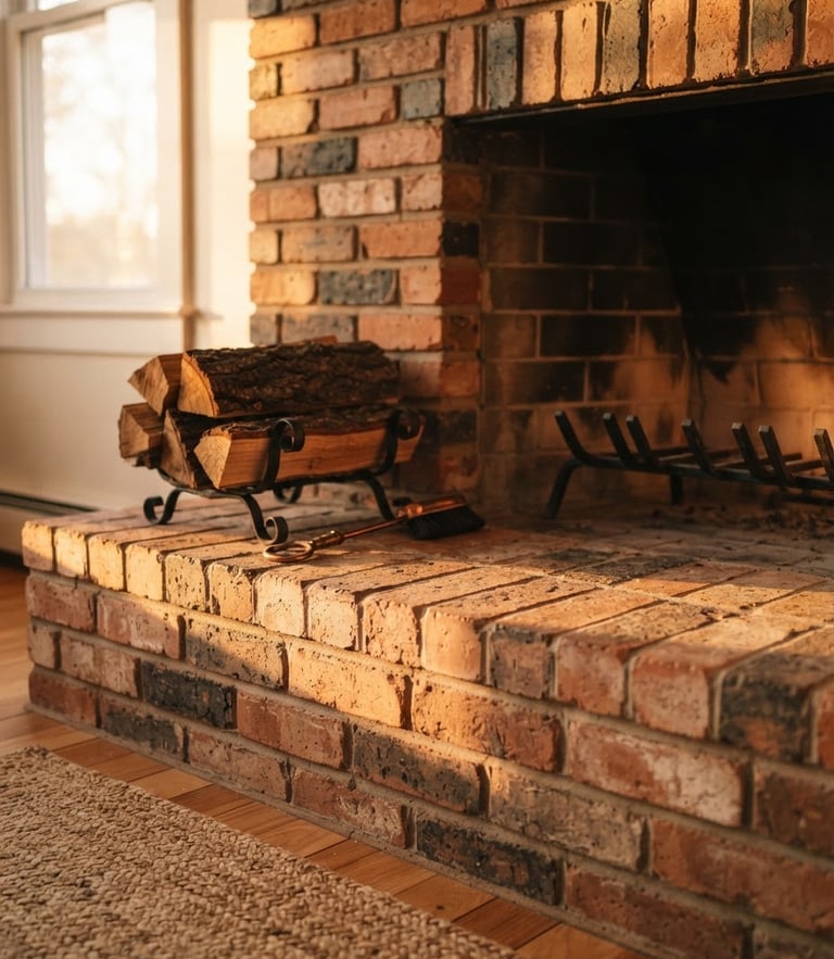 Close-up of a clean brick fireplace hearth with soft golden-hour light illuminating the masonry, warm and inviting atmosphere