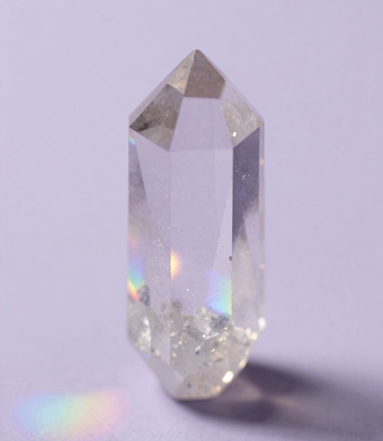 Soft-focus light refracting through a raw quartz crystal prism, casting subtle pastel rainbow flares on a pale lavender surface, shallow depth of field.