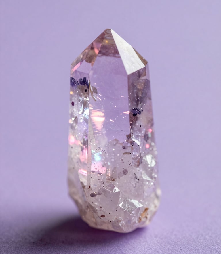 A close-up of light refracting through a raw quartz crystal, casting pastel pink and violet flares across a soft lavender surface, shallow depth of field.