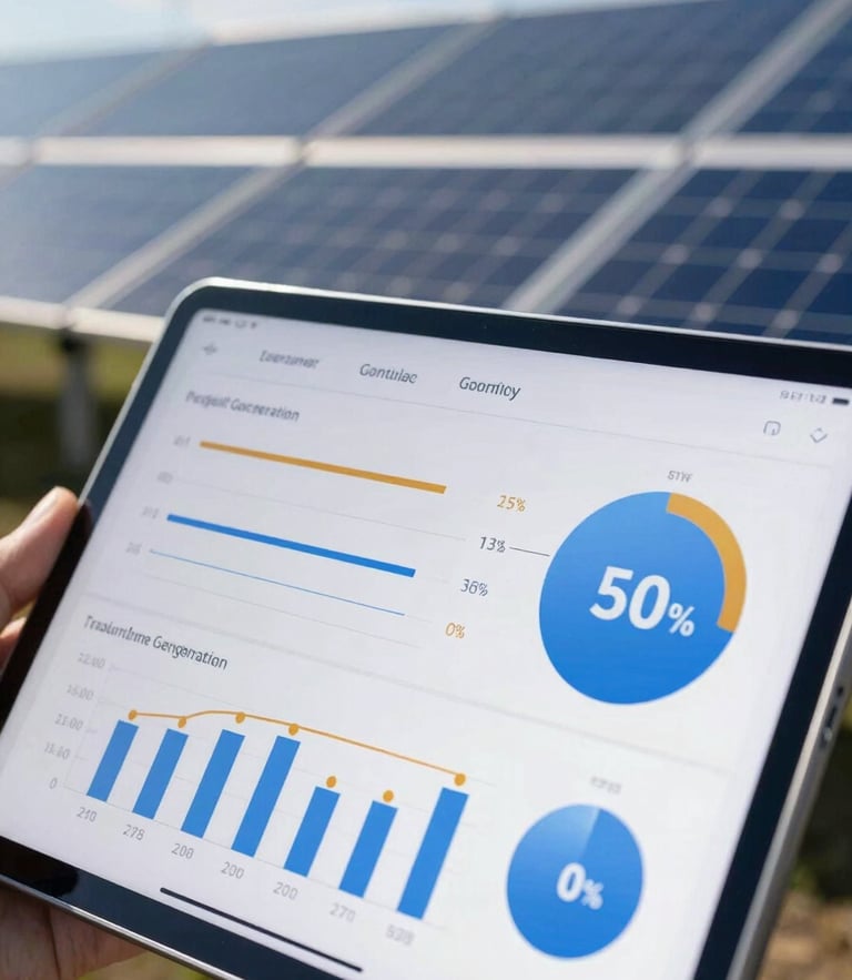 Close-up of a tablet displaying real-time solar energy generation graphics, clean interface with blue and amber metrics, solar panels blurred in the background, bright daylight