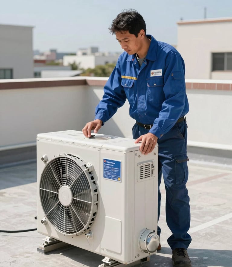 Certified technician in clean branded uniform inspecting a high-efficiency inverter compressor on a sunny Mexican rooftop, crisp commercial photography, 35mm
