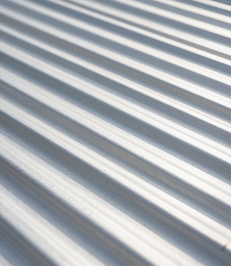 Close-up of clean steel corrugations, bright natural daylight, clean metallic textures, sharp focus, high-contrast architectural details, 35mm
