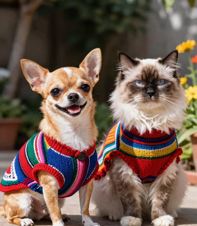 A happy small chihuahua and a fluffy cat sitting together, wearing colorful handmade Mexican sweaters, warm sunny daylight, outdoor garden backdrop, sharp focus on fabric textures