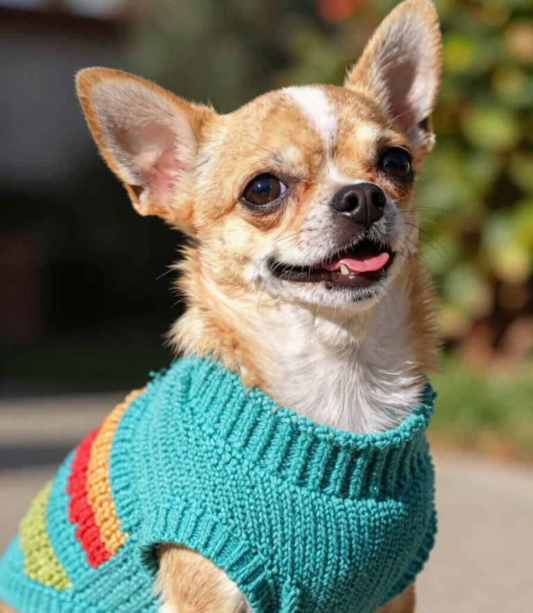 A happy small Chihuahua wearing a colorful hand-knitted turquoise sweater, looking up with bright eyes, warm sunny daylight, outdoor garden backdrop, sharp focus on fabric