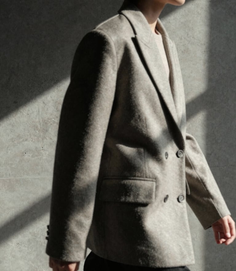 Moody editorial fashion photography, high-contrast directional window light, close-up of a structured shoulder jacket on a model mid-stride against a raw concrete wall, desaturated neutral tones, 35mm film