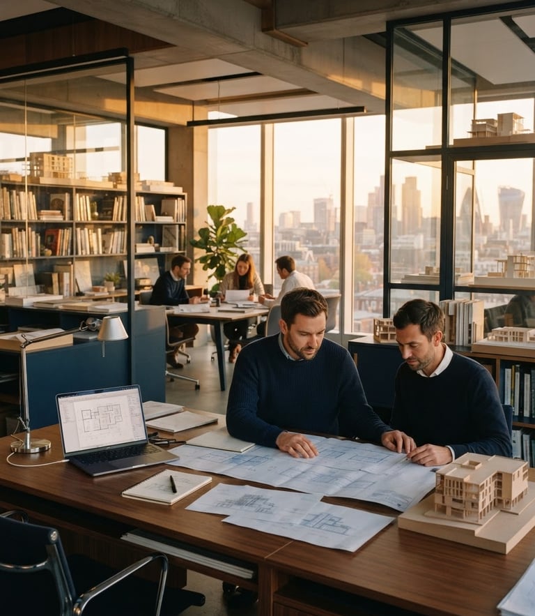 Warm editorial photography of a modern architectural office with golden-hour window light, rich navy tones, sharp focus, 35mm