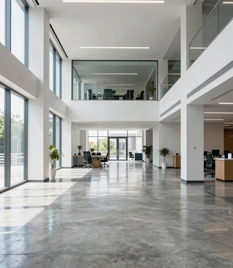 Straight-on architectural shot of a spotless modern corporate lobby, bright natural daylight reflecting off polished concrete floors, sharp focus.