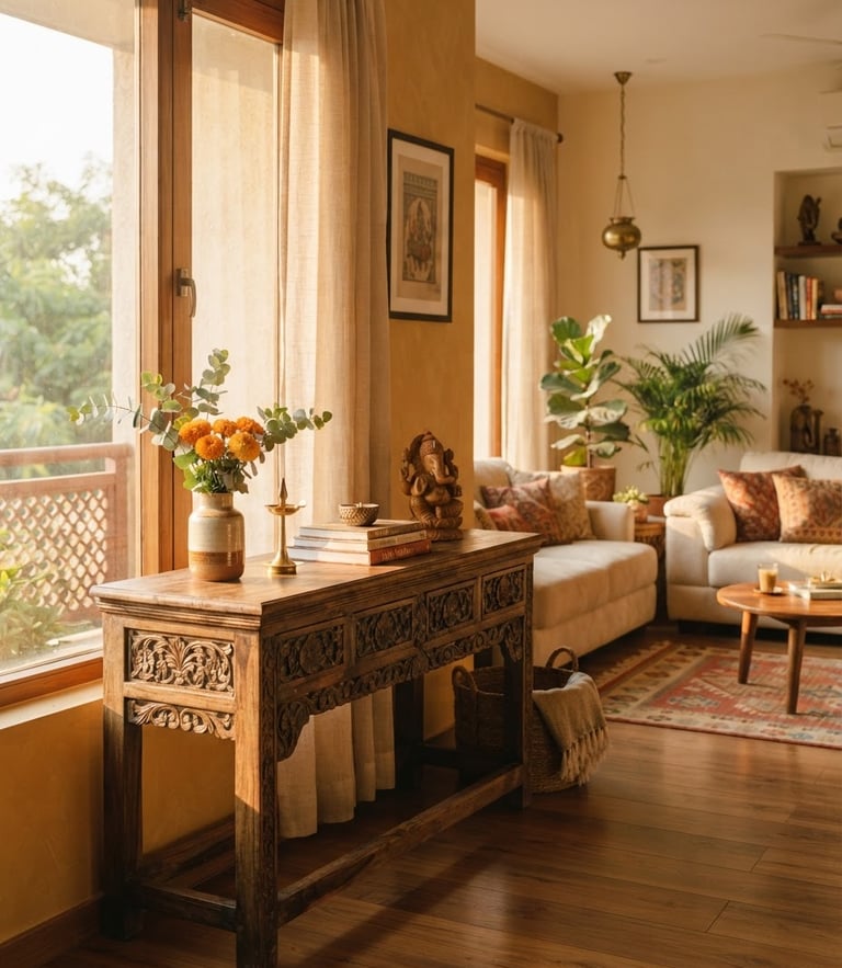 Warm editorial photography of a sunlit modern Indian living room, a hand-carved wooden console table in the foreground, golden-hour window light, soft shadows, 35mm