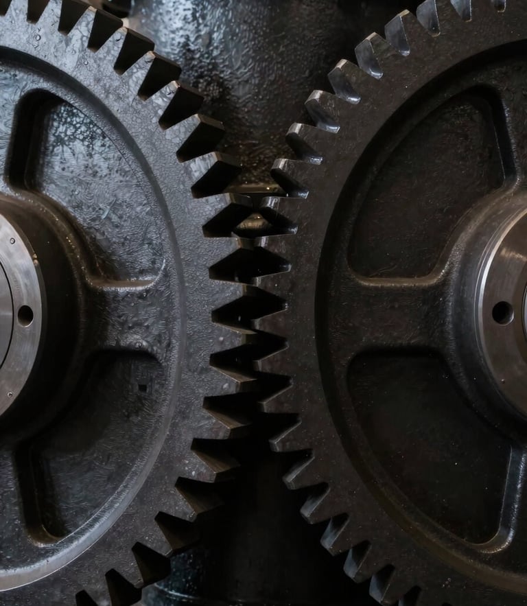 Symmetrical close-up of heavy industrial machinery gears, matte black finish, crisp side-lighting, deep shadows.