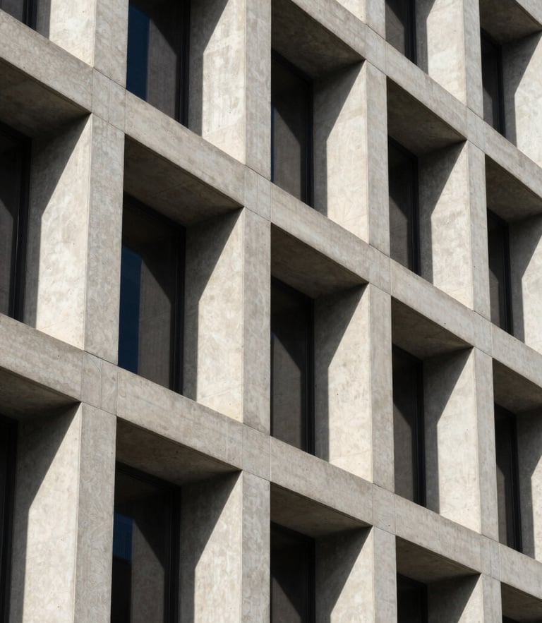 Geometric, straight-on architectural detail of a modern concrete and steel corporate facade in Cedar Rapids. Crisp, high-contrast side-lighting casts deep, razor-sharp shadows across structured surfaces, emphasizing absolute discipline.