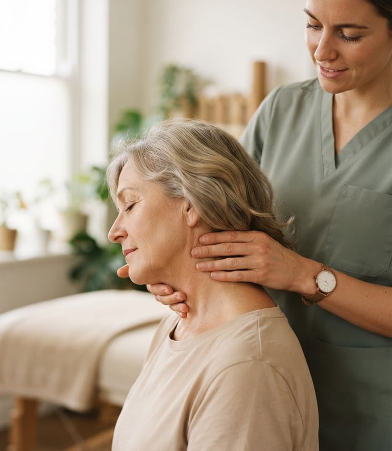 Soft warm editorial portrait of a physiotherapist's hands gently mobilizing a patient's neck joint, warm natural window light, muted sage and sand tones, shallow depth of field, 35mm