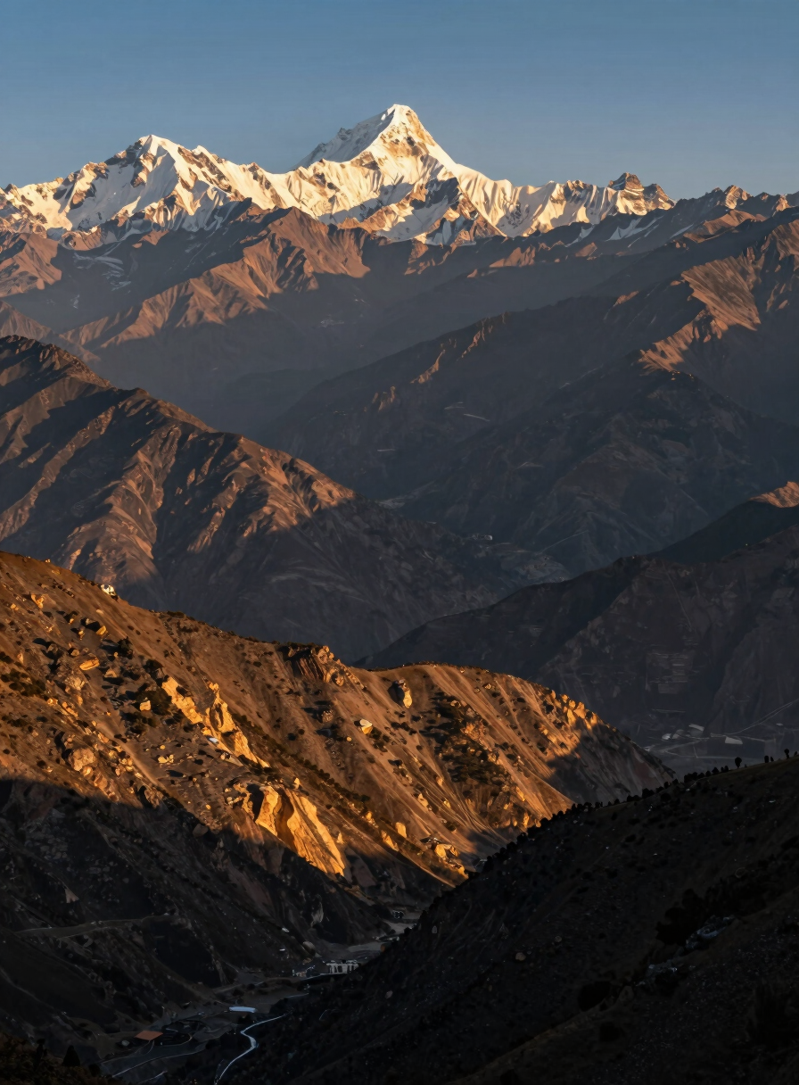 Dramatic wide-angle landscape of the Phulchoki mountain range at golden hour, looking out over the Kathmandu Valley with the distant snow-capped Himalayas visible under a crisp alpine sky, majestic composition.