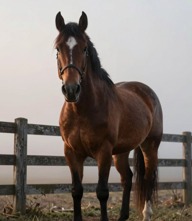 A single horse standing in pre-dawn fog, low-angle soft light catching its mane, weathered wooden fence in the background