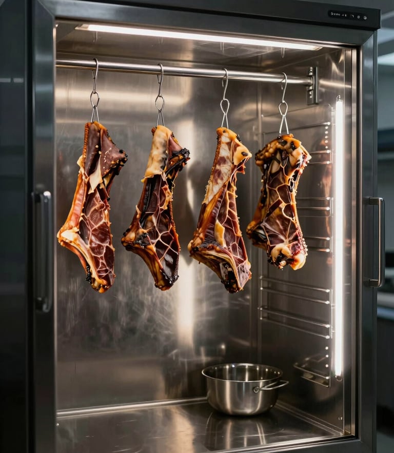 Pristine stainless steel curing room with hanging cured meats, low-key side-lighting, high contrast, clean clinical atmosphere.