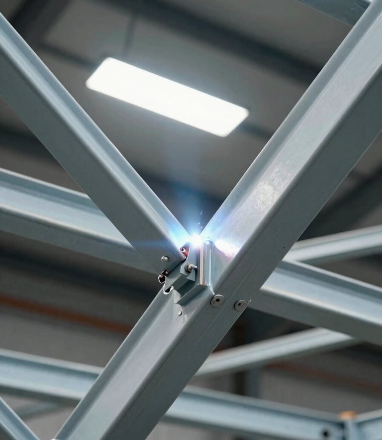 Macro close-up of structural steel welding on a cabin frame, industrial workshop lighting, high-contrast cool tones, sharp focus.