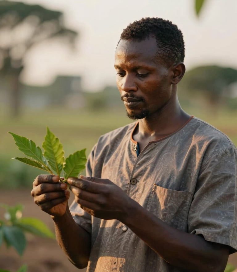 Dignified natural-light portrait of a Beninese practitioner inspecting fresh medicinal leaves, warm golden-hour highlights, soft focus background