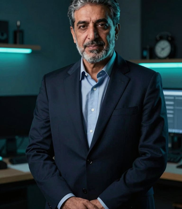 Dark moody editorial portrait of Dr. Ahmad Akkam in a creative studio, cool teal rim lighting, deep navy shadows, sharp focus, premium corporate aesthetic, 35mm