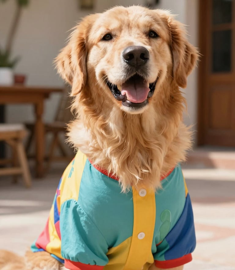 Bright lifestyle portrait of a happy golden retriever wearing a colorful custom-fit shirt, soft natural daylight, warm Mexican patio background