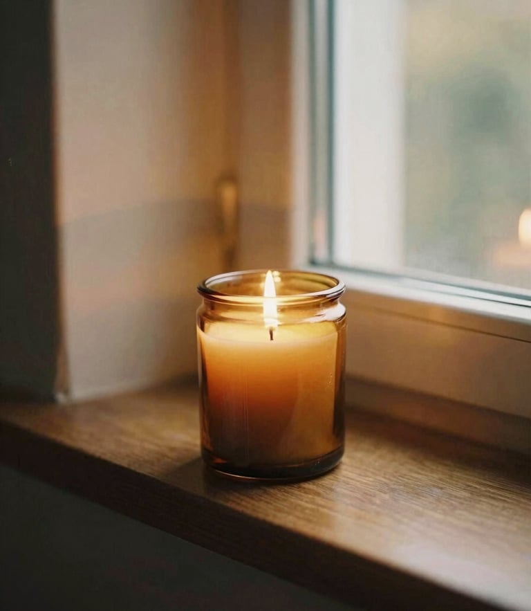 A close-up of a lit amber glass candle resting on a dark wooden mantelpiece, soft flickering flame, warm golden hour window light, 35mm film.