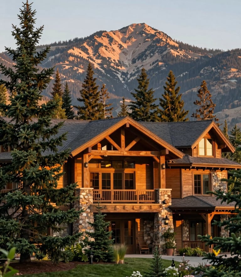 Warm evening light on a modern timber and stone mountain estate facade in Sun Valley Idaho, towering pines, 35mm editorial photography