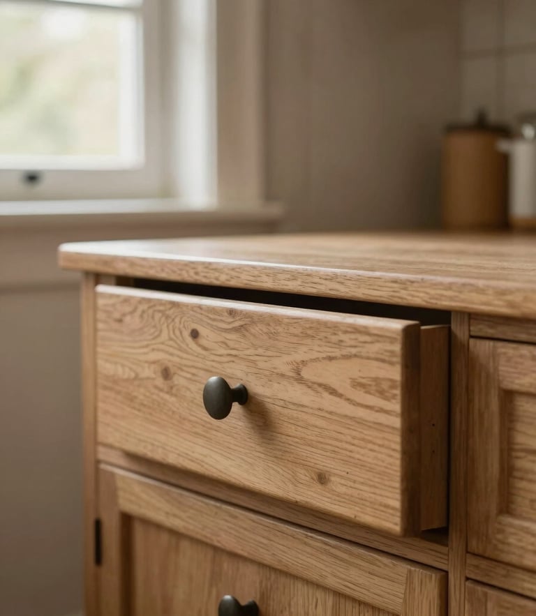 Straight-on architectural detail of a hand-painted kitchen drawer showing traditional dovetail joinery, soft daylight from a side window, warm timber tones, 35mm