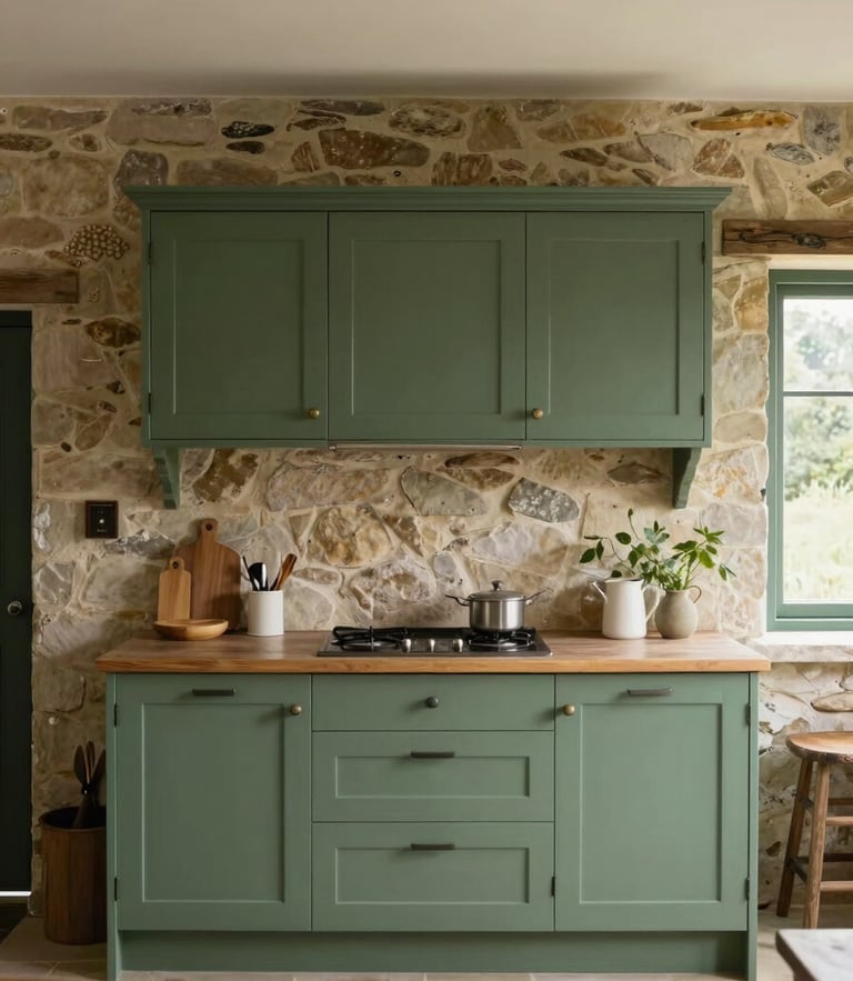 Straight-on architectural elevation of a hand-painted forest green kitchen in a stone cottage, soft natural daylight, muted earth tones, 35mm