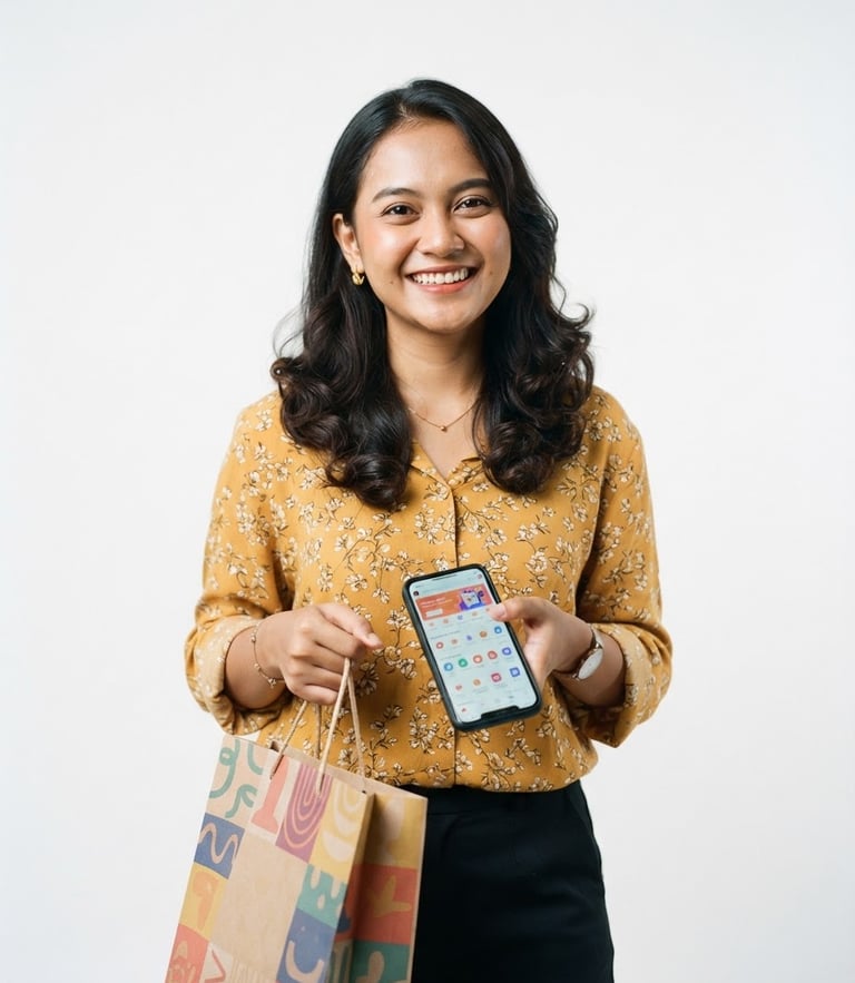 A smiling Indonesian woman holding a shopping bag and her smartphone, bright high-key lighting, clean neutral studio backdrop, crisp natural light, 35mm