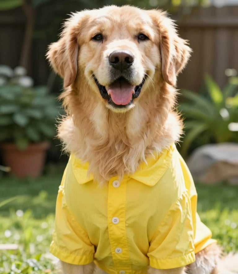 Eye-level portrait of a happy Golden Retriever wearing a vibrant handmade yellow beach shirt, sitting in a sunlit garden, bright natural daylight, 35mm lens